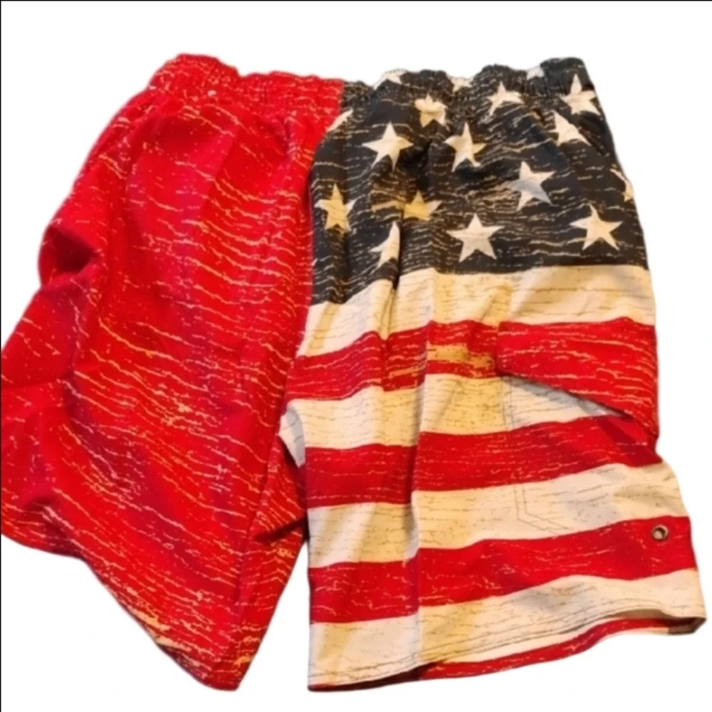 Mens Large Laguna B Red and White Star American Flag Swim Trunks